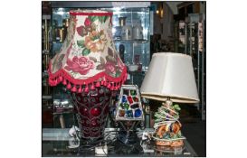 Three Retro Table Lamps comprising ruby red glass base with wrought iron style covering, 24 inches