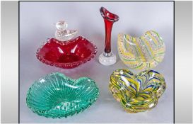 Six Pieces Of Murano Glass Comprising ruby glass bud vase, dish with figural duck decoration, swirl