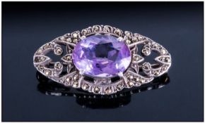 Vintage Silver Set Amethyst And Marcasite Brooch, the central set amethyst of good colour &
