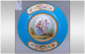 Serves Cabinet Plate with a Floral Border on a Turquoise Ground. The centre `two lovers` Serves