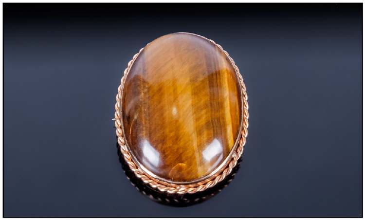 Large Tigers Eye Mounted In 9ct Gold Setting, Rope Twist Surround, Brooch & Pendant Fitting,