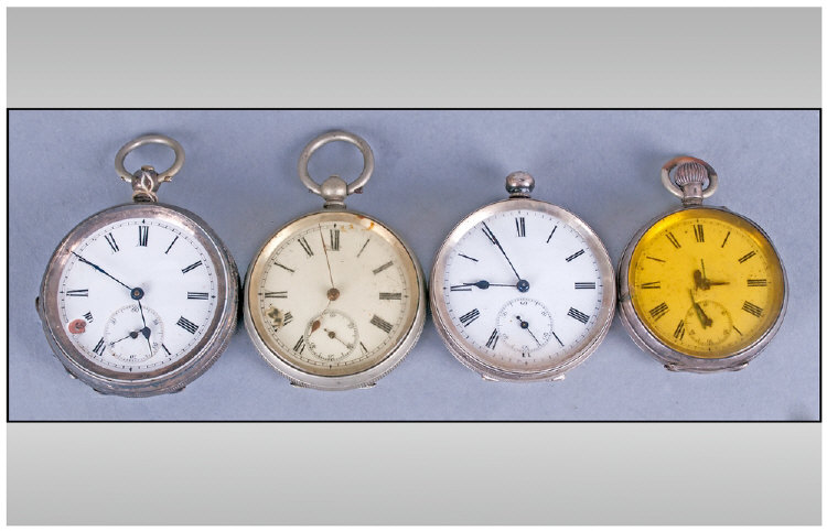 Collection Of Four Silver Cased Openfaced Pocket Watches, all with white dials, Roman numerals &