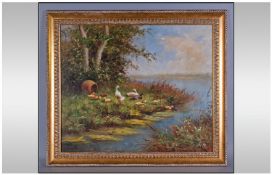 Oil on Canvas - Ducks and Ducklings by a Wooded Riverbank. 19.5 Inches by 23.5 Inches Image Size.