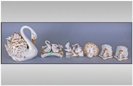 Collection Of White & Gold Capodimonte Bird Figures Including Large swan, pair of peacocks, swan