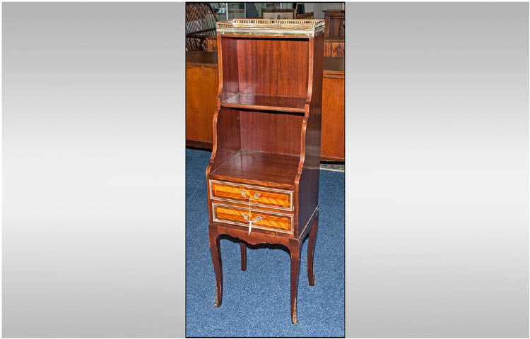 A French Dwarf Mahogany Sidecabinet with an open bookcase top, surmounted by a white marble brass