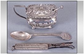 Collection of Three Small Silver Items Comprising Salt Pot, Spoon 1962 and An All Purpose Gadget.