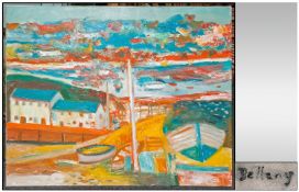 John Bellany 1942 - 2013 Title `Coastal Village` Oil on Canvas Signed Unframed.  35 inches by 46