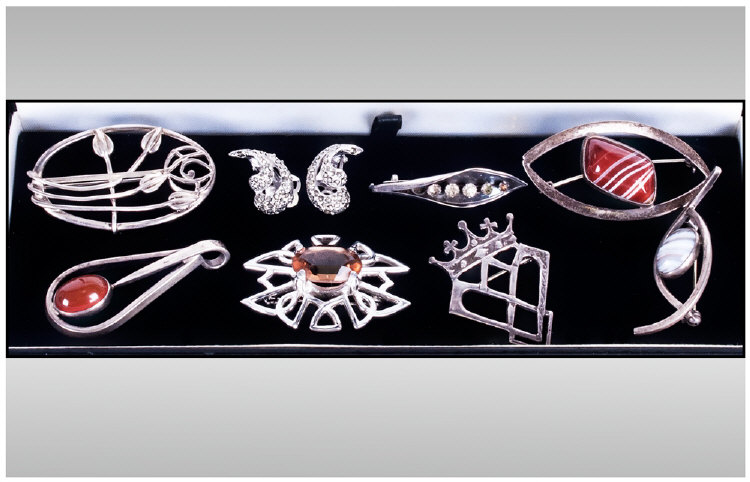 A Good Art Nouveau and Vintage Collection of Silver Stone Set Brooches. Some Hallmarked Silver -