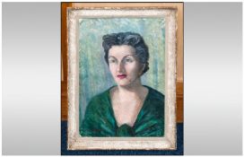 French 1955 Pastel Portrait in a contemporary White Frame. Signed `Malet`. 19 by 25 inches.