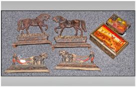 Two Pairs of Iron Door Stops one depicting a pair of horses, and one pair depicting a farmer