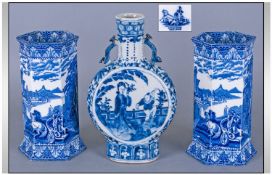 Blue & White Oriental Vase Depicting Figures In A Garden Setting together with a pair of hexagonal