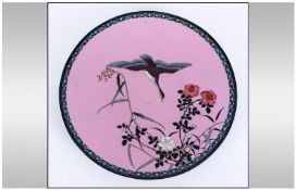 Japanese Cloisonne Plate decorated with a flying goose, amongst foliage. Enamelled with a pink body