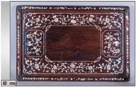 Chinese Antique Hardwood Hung Mu Inlaid Mother Of Pearl Tray, of rectangular shape. The tray inlaid