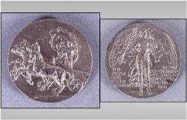 1908 Olympic Medal, silvered metal. In commemoration of the Olympic Games held in London 1908. 2``