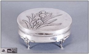 Edwardian Silver Hinged Jewellery Casket/Box  Of Oval Form, The Hinged Lid With Embossed Orchid