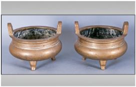 A Pair of Twentieth Century Brass Oriental Censors with Suedo Chinese marks to base