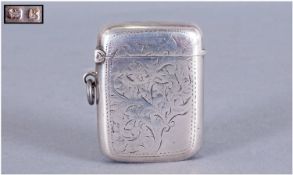 Edwardian Silver Vesta Case Hallmark Birmingham 1909 with chased decoration to body. 28.4 grams.