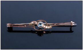 Victorian 9ct Gold Aquamarine & Seed Pearl Brooch, marked 9ct. 2.25`` in width