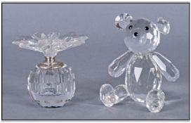 Five Crystal Clear Glass Figures Comprising, 2 Teddy bear Figures, Elephant and Cat Figure & Flower