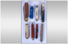 Eight Vintage Pocket Knives. One Sift a Salt Advert Knife, Pressed Horn And Ivory Types.