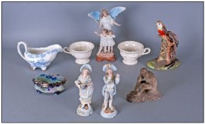 Miscellaneous Lot of Ceramics including bird figure, bisque figures, Asiatic Pheasants gravy boat,