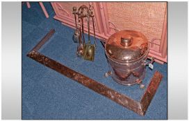 Fireside Set Comprising planished copper coal scuttle with claw feet & two carrying handles, 19``