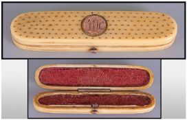 George III Yellowed Ivory Pique Work Tooth Pick Case/Holder, Of Elongated Form With Gold Hinge And