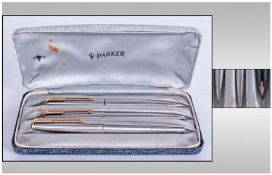 Parker 1960`s Set Of Three Pens, comprising fountain pen, ballpoint pen & propelling pencil. Boxed