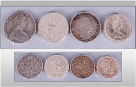 Collection Of Four Silver Crown Sized Silver Coins Funf Mark 1908, 2 1/2 Guilders 1938, Maria