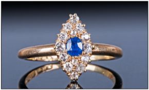 Late Victorian Diamond Cluster Ring Of Marquis/Boat Shaped Form With Central Blue Sapphire