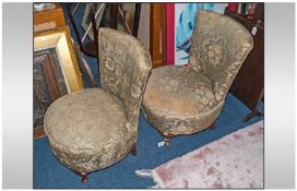 A Pair Of 1930`s Tub Type Low Nursing Chair covered in fabric on short queen anne legs.