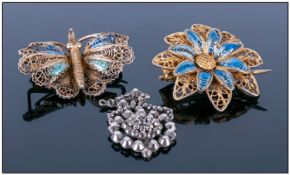 Two Silver Gilt Enamel Filligree Brooches, One In The Form Of A Butterfly, The Other In The Form Of