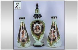 Victorian Art Nouveau Very Fine Opaline Glass Garniture Set The central panels with images of young