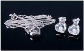 9ct White Gold Necklace And Earring Set, Heart Shaped With Floating Diamonds, All Stamped 375. Each