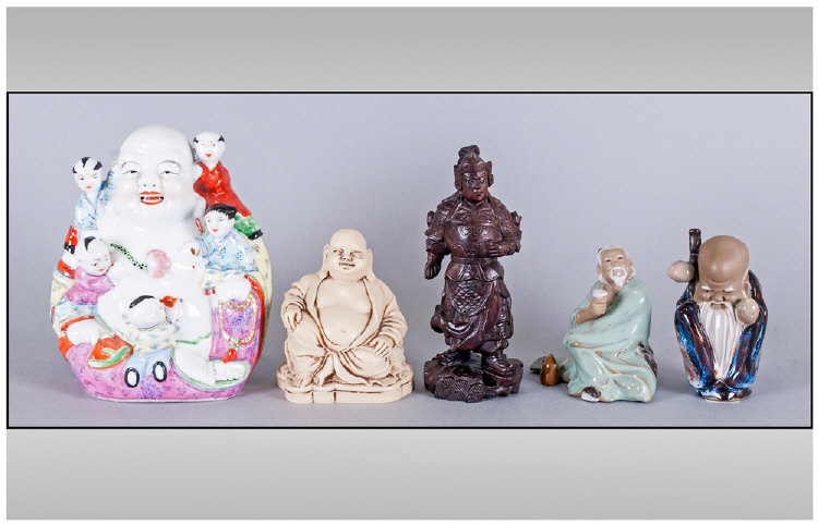 Collection Of Five Oriental Figures Including Large Buddah Figure, sage, man drinking from cup,