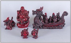 Collection Of Five Dark Red Resin Figures, comprising two small & one large buddah, Small dragon &