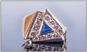 Ladies Modern & Unusual 14ct Gold Set Triangle Style Diamond & Sapphire Ring, Comprising Of Three