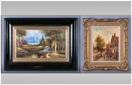 An Oil Painting on Panel, of a Dutch Canal Scene with Figures, In a Gilt Frame. Signed Indistinctly