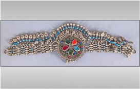 Antique Middle Eastern Silvered Metal Necklace. To the Centre a Rounded with Semi Precious Stones,