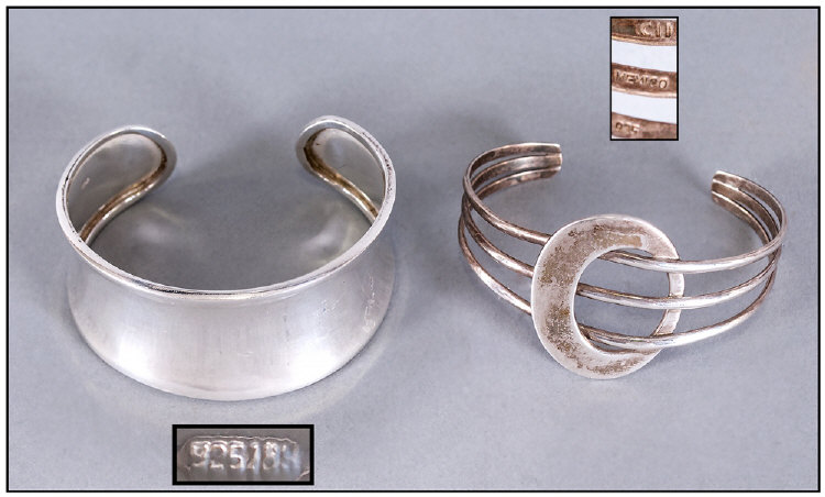 Two Large Silver Bangles, One Polished Cuff 925, 32mm Wide, The Other Stamped Mexico 925 40mm Wide,