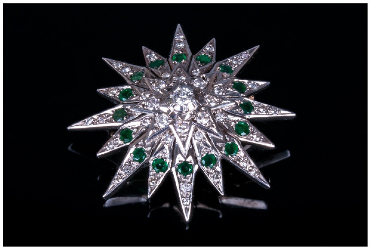 Impressive and Elegant 1950`s Metamorphic 18ct White Gold Diamond and Emerald Starburst  Brooch/