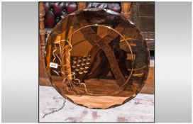 Unusual Peach Coloured Glass Art Deco Mirror, with cut faceted edge, engraved to the centre with
