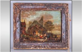 Dutch Oil On Panel, 17/18th Century Depicting Fish Sellers Outside A House Or Tavern, with