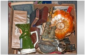 Box Lot Of Crockery Items Including brass dog lamp, carnival glass bowl, Toby jug, set of glass