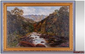 P Middlehurst. River landscape bounded by trees with a path into the woods, oil on canvas, signed.
