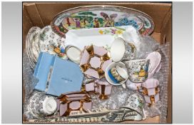 Box Of Assorted Ceramics Including Wedgwood Crinoline Lady, Part tea set, palissy tray, oriental