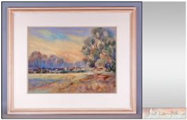 Contemporary Pastel Drawing by Jane Lampard, Framed and Mounted. `Cattle in Landscape Scene`.