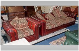 Four Seater Chesterfield Sofa and matching Chair, in Burgundy with upholstered loose cushions,