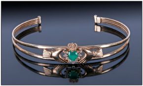 Ladies 9ct Gold Bangle Set With Emerald & Diamonds To Centre the central heart shaped emerald