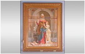 A Large Victorian Coloured Religious Print depicting Mary and Jesus. In an elaborate gilt frame. 30